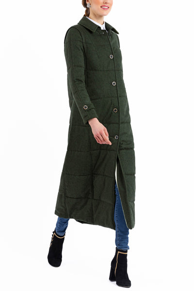 Long quilted coat made from green melange loden