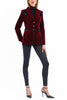 Blazer in deep crimson-red velvet with black pony-hair-velvet accents