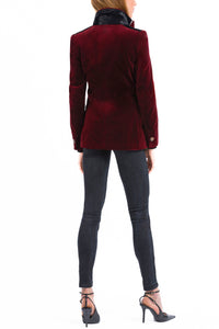 Blazer in deep crimson-red velvet with black pony-hair-velvet accents