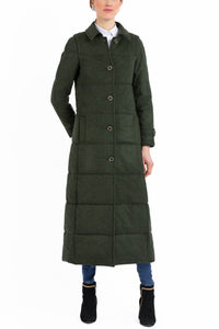 Long quilted coat made from green melange loden