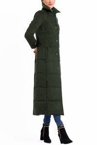 Long quilted coat made from green melange loden