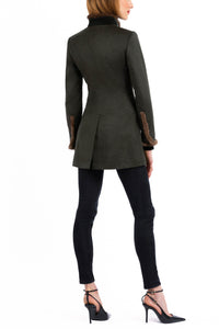 Long blazer in dark-green combed cashmere with chestnut mink trim