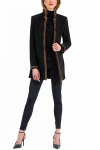 Long blazer from authentic boiled wool with natural mink