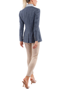 Long linen blazer with herringbone weave in jeans blue