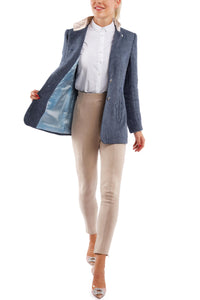 Long linen blazer with herringbone weave in jeans blue