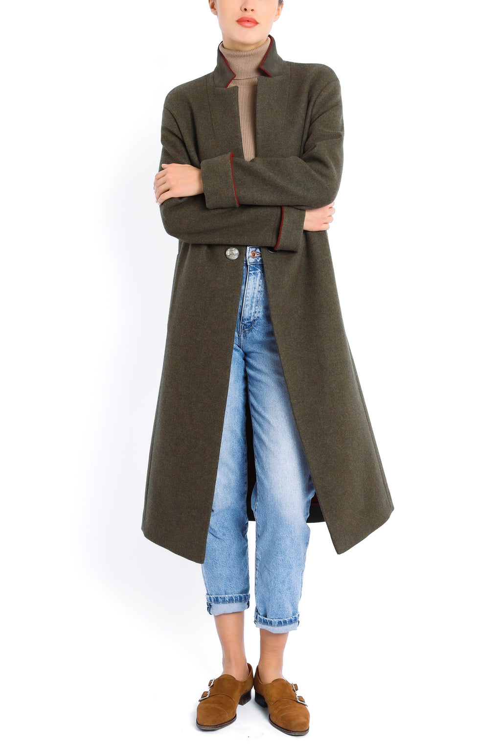 Coat from double-face loden in olive and red