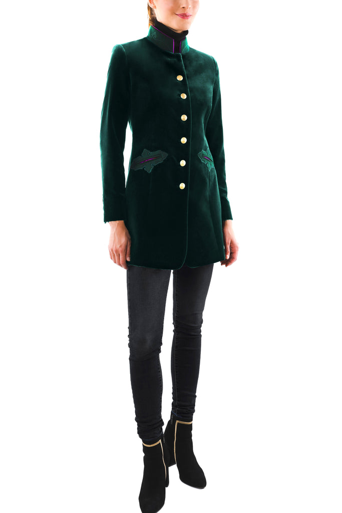 Long blazer from dark green velvet and loden