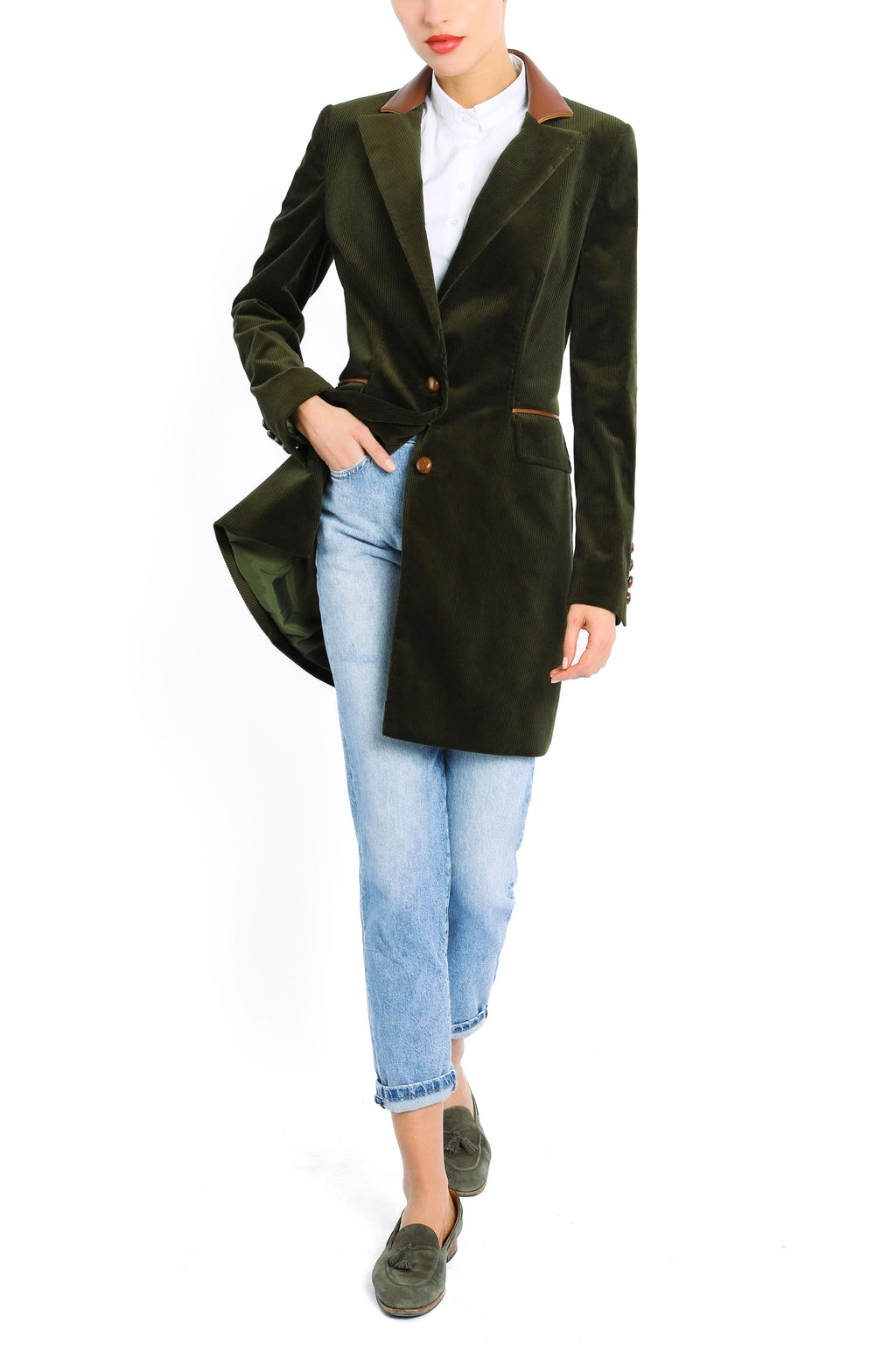 Long blazer from olive cashmere-corduroy